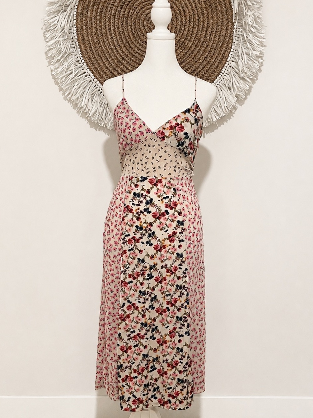 Zara Pink and White Floral Cottagecore Midi Dress